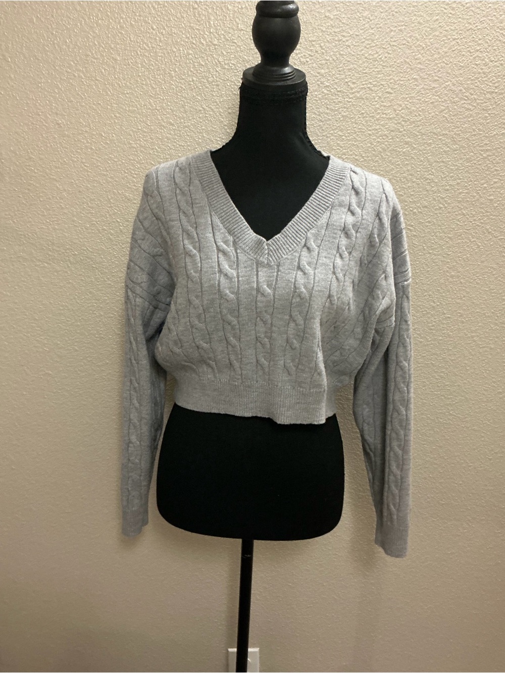 Ambiance Light Gray Cropped Cable Knit V-Neck Sweater